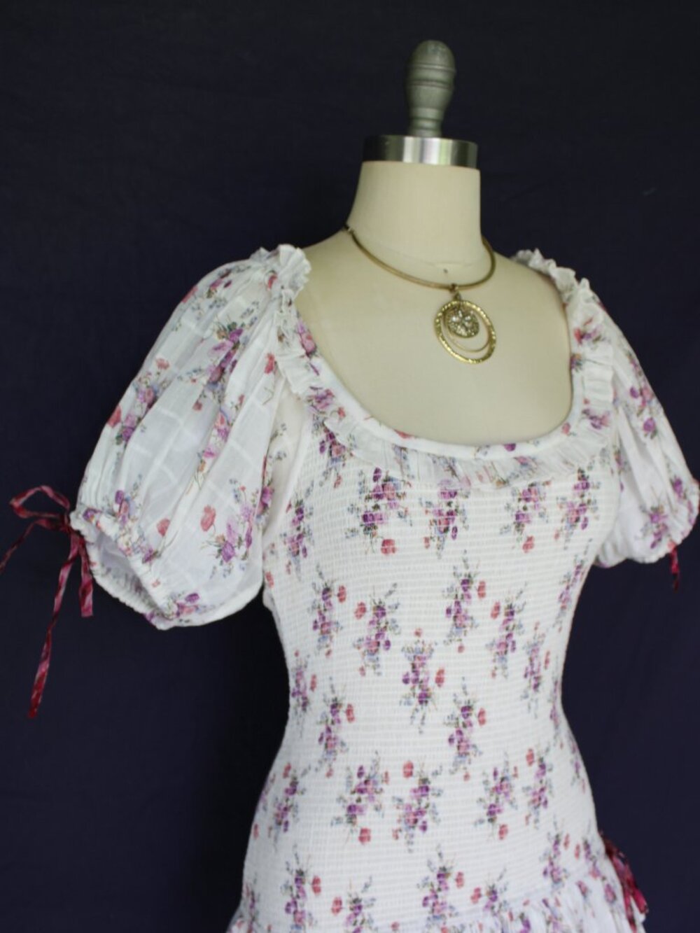 LoveShackFancy X AERIN Violet Smocked floral Puff Sleeve ruffle Mini tunic Dress - Picture 8 of 12